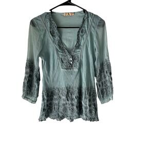 Jaloux Embroidered Tunic‎ Top Women's Small Blue Sheer Blouse Boho Peasant